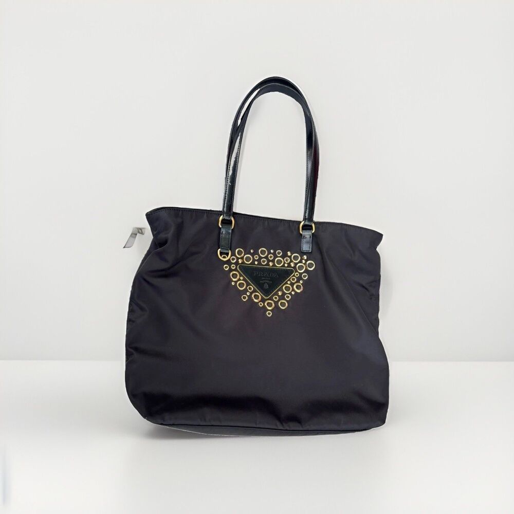Prada Pre-Owned Tote Bag Gold Studs Shoulder Black Nylon